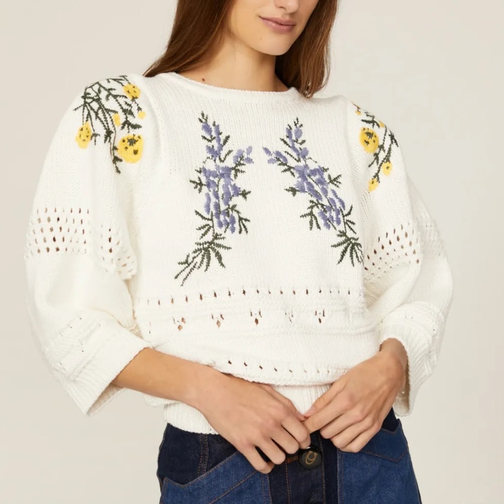 Ba&sh Miro Floral Embroidered Crochet Open Back 3/4 Sleeve Sweater Sz M - Picture 3 of 14